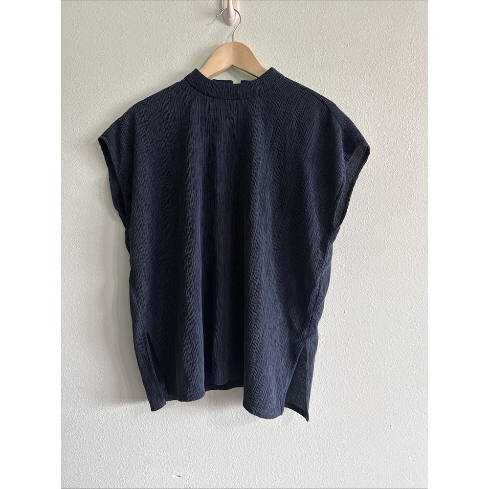 Eileen Fisher Navy Blue Crinkle Mock Neck Blouse Oversized Blouse Womens XXS